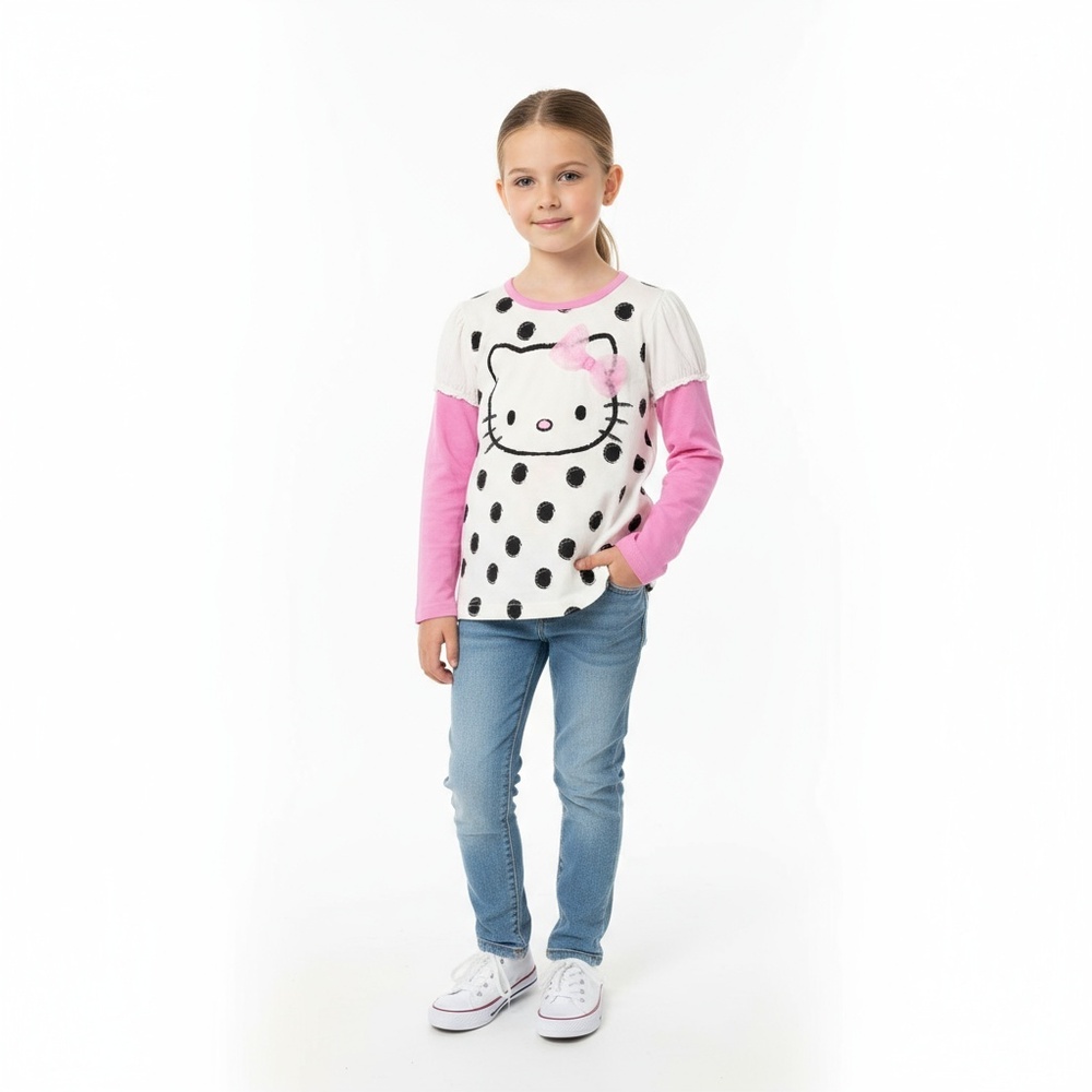 Hello Kitty T-Shirt Girls 5 Polka Dot Bow White Pink Layered Graphic Cute Cat